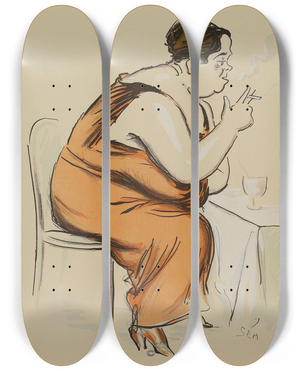 Triptych art skateboard deck of Georges Goursat Sem Elsa Maxwell by Georges Goursat (Sem) (1863-1934)