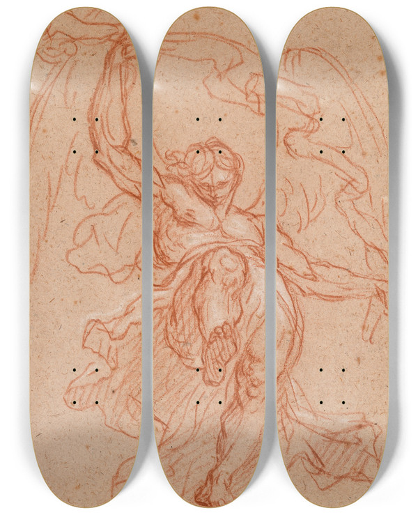 Triptych art skateboard deck of Isaac Fuller A Floating Angel by Isaac Fuller (1606-1672)