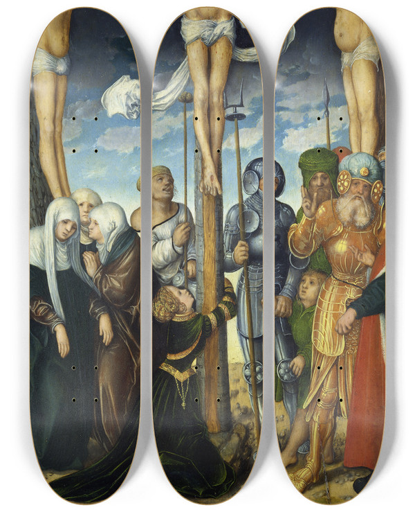 Triptych art skateboard deck of Lucas Cranach The Elder The Crucifixion_1 by Lucas Cranach The Elder (1472-1553)