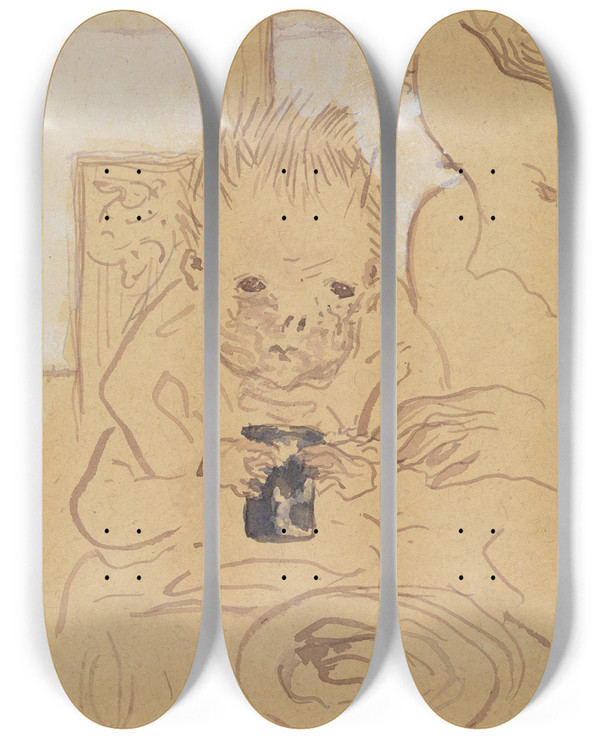 Triptych art skateboard deck of Pierre Bonnard Mutter Und Kind by Pierre Bonnard (1867-1947)