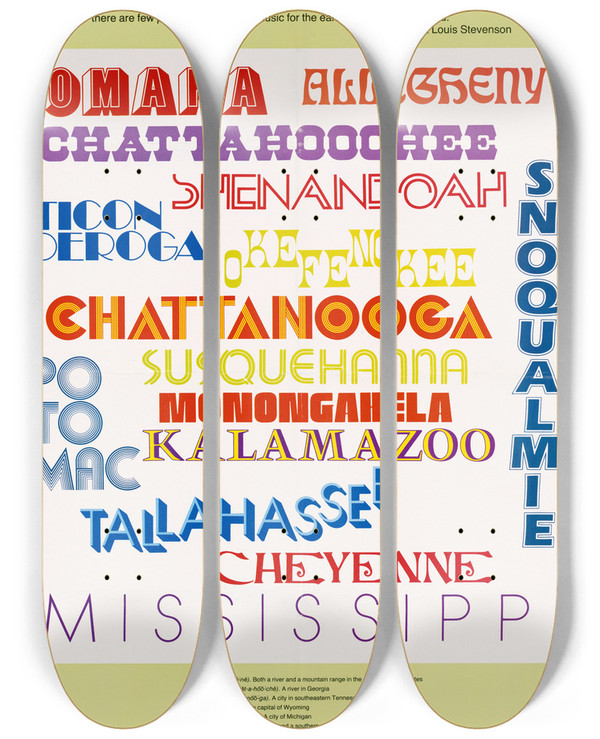 Triptych art skateboard deck of Us Information Agency American Place Names by U S Information Agency (1953-1999)