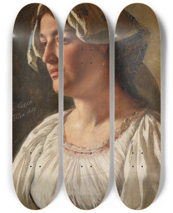 Triptych art skateboard deck of Emil Czech Portrait Of An Italian Woman by Emil Czech (1862-1929)