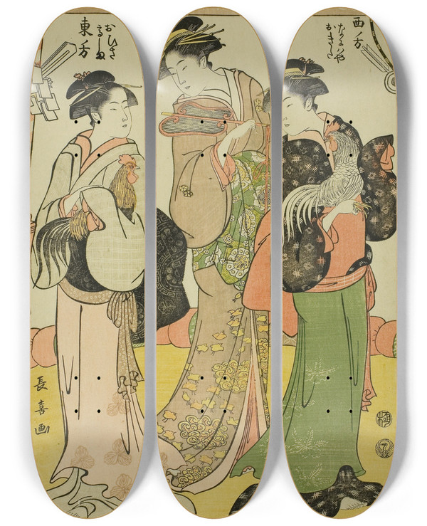 Triptych art skateboard deck of Eishsai Chki The Cock Fight Ohisa Of The Takashimaya And Okita Of The Naniwaya by Eishosai Choki (1786-1808)