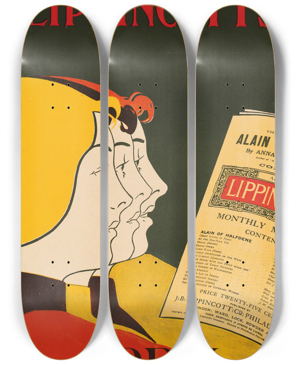 Triptych art skateboard deck of William Carqueville Lippincotts April by William Carqueville (1871-1946)