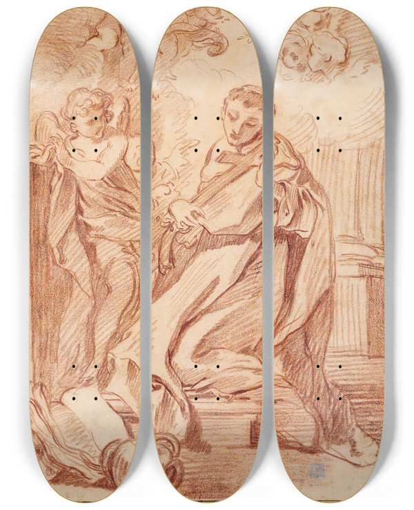 Triptych art skateboard deck of Franois Boucher The Miracle Of Saint Louis Beltram by Francois Boucher (1703-1770)