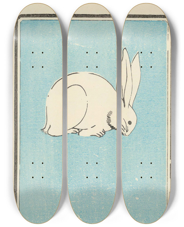 Triptych art skateboard deck of Jinta Hirayama Illustrated Catalogue Of Daylight Bomb Shells No 43 by Jinta Hirayama (19-)