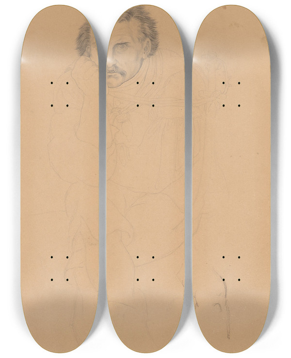 Triptych art skateboard deck of Wilhelm Von Kaulbach Study Of A Madman For Das Narrenhaus by Wilhelm von Kaulbach (1805-1874)