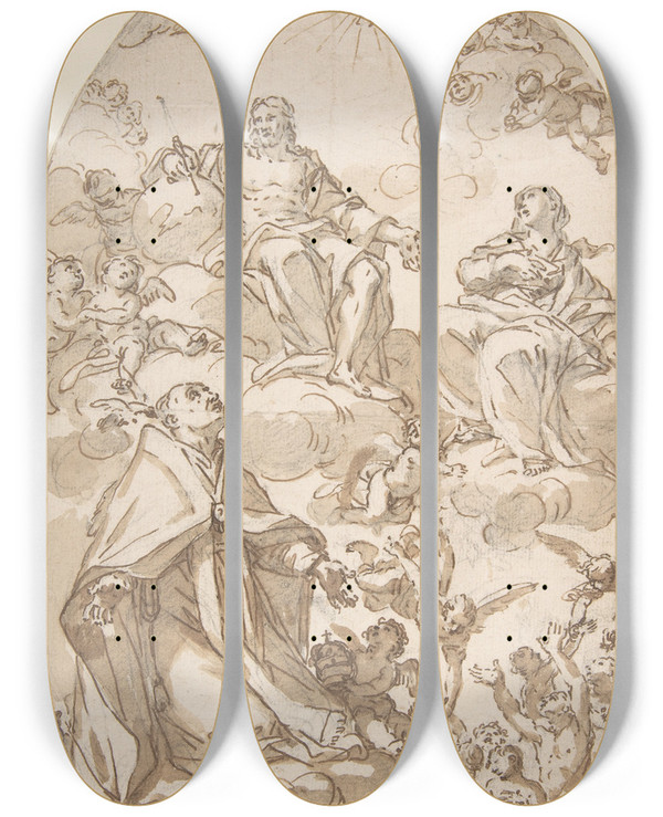 Triptych art skateboard deck of Giovanni Odazzi Saint Gregory The Great Interceding For Souls In Purgatory by Giovanni Odazzi (1663-1731)