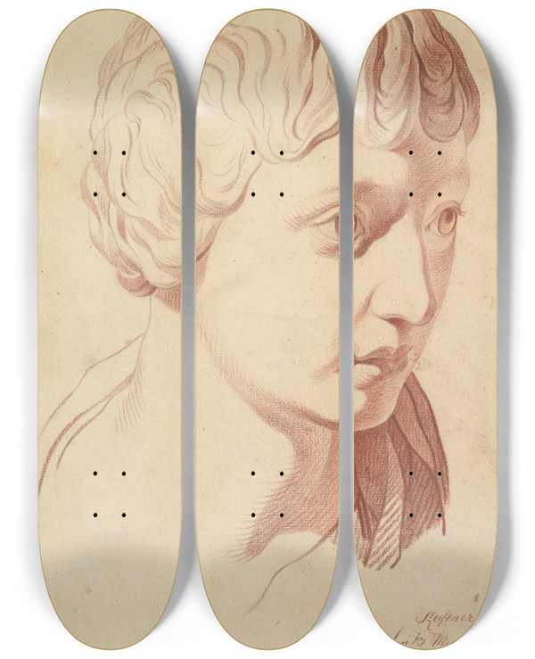 Triptych art skateboard deck of Johann Evangelist Kastner Idealized Head Looking Right Copied After The Antique by Johann Evangelist Kastner (1776-1827)