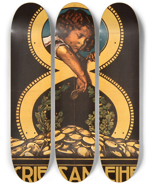 Triptych art skateboard deck of Alfred Offner Zeichnet 8 Kriegsanleihe Wiener Kommerzialbank by Alfred Offner (1879-1937)