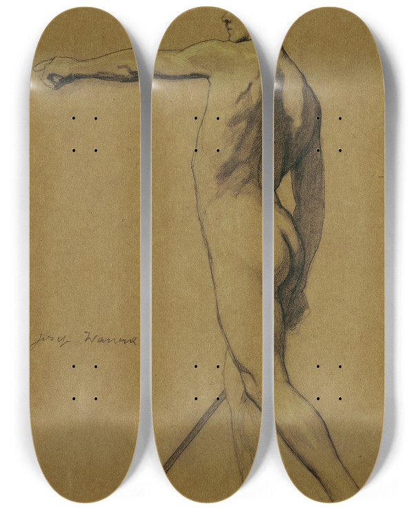 Triptych art skateboard deck of Josef Wawra Stehender Mnnlicher Akt by Josef Wawra (1893-1935)