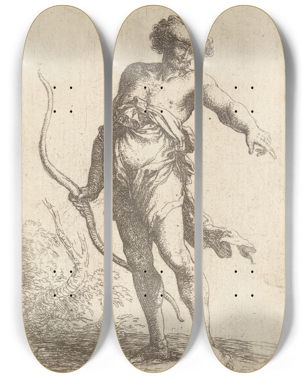 Triptych art skateboard deck of Salvator Rosa Man With Bow Pointing To The Right by Salvator Rosa (1615-1673)