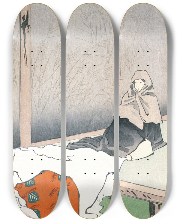 Triptych art skateboard deck of Kobayashi Kiyochika The Dancer Hotoke Gozen At Giji by Kobayashi Kiyochika (1847-1915)