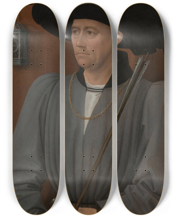 Triptych art skateboard deck of Rogier Van Der Weyden Portrait Of A Tournament Judge by Rogier van der Weyden (1399-1464)