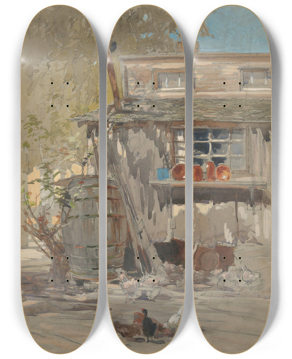 Triptych art skateboard deck of Francis Hopkinson Smith Barnyard by Francis Hopkinson Smith (1838-1915)
