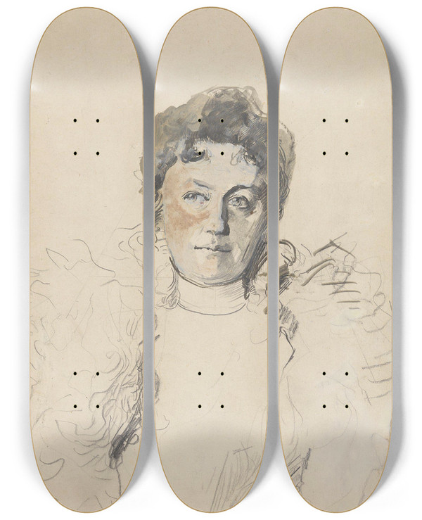Triptych art skateboard deck of Christian Krohg Kvinneportrett by Christian Krohg (1852-1925)