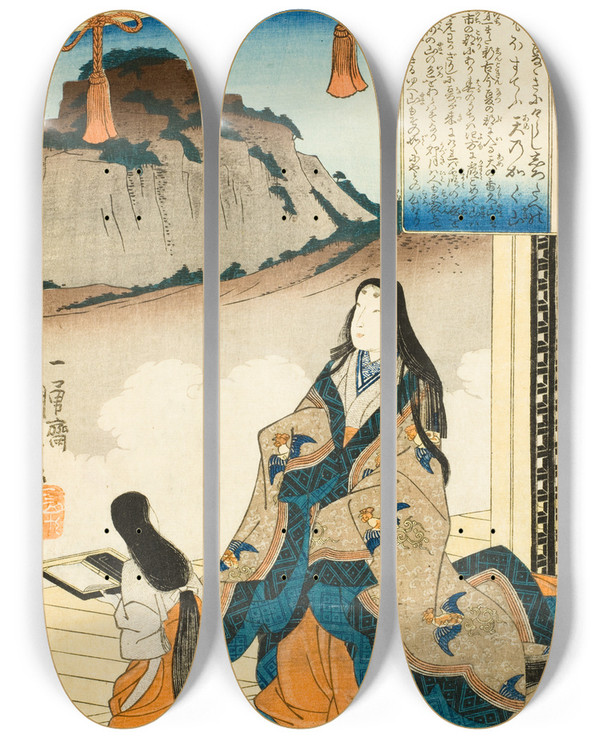 Triptych art skateboard deck of Utagawa Kuniyoshi Empress Jit Tenn by Utagawa Kuniyoshi (1797-1861)