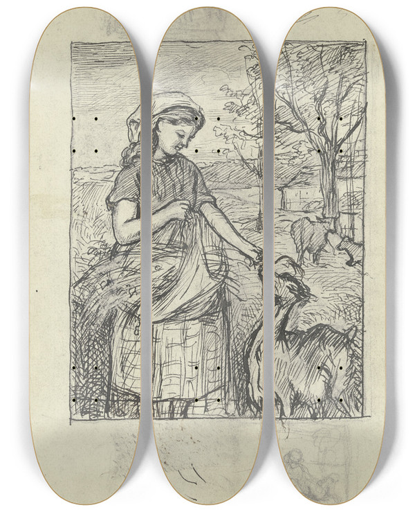 Triptych art skateboard deck of Otto Scholderer Stehendes Mdchen Eine Ziege Ftternd by Otto Scholderer (1834-1902)