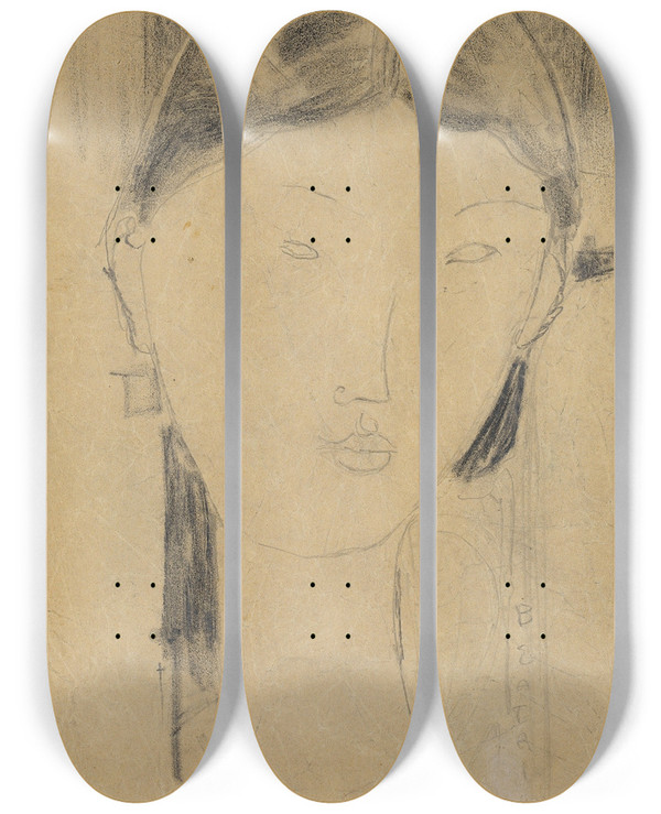 Triptych art skateboard deck of Amedeo Modigliani Beatrice Hastings by Amedeo Modigliani (1884-1920)