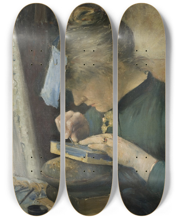 Triptych art skateboard deck of Karl Nordstrm The Artists Fiance Tekla Lindestrm by Karl Nordstrom (1855-1923)