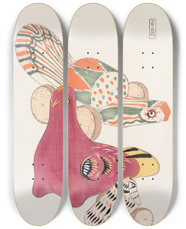 Triptych art skateboard deck of Kawasaki Kyosen Kyosens Collected Illustrations Of Japanese Toys Pl006 by Kawasaki Kyosen (1877-1942)
