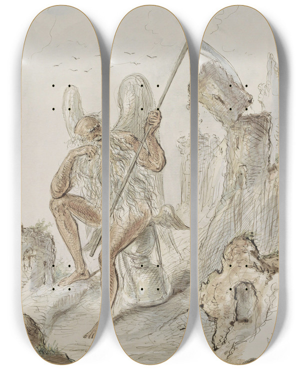 Triptych art skateboard deck of Alexander Ver Huell Vadertje Tijd Met Een Zeis In Een Landschap by Alexander Ver Huell (1822-1897)