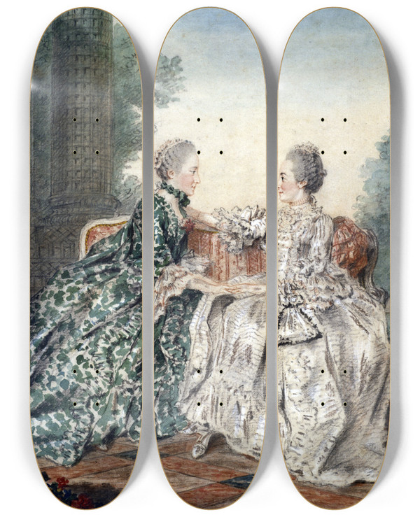 Triptych art skateboard deck of Louis Carrogis Carmontelle Mme De Brget Et Mme Dalenon by Louis Carrogis Carmontelle (1717-1806)