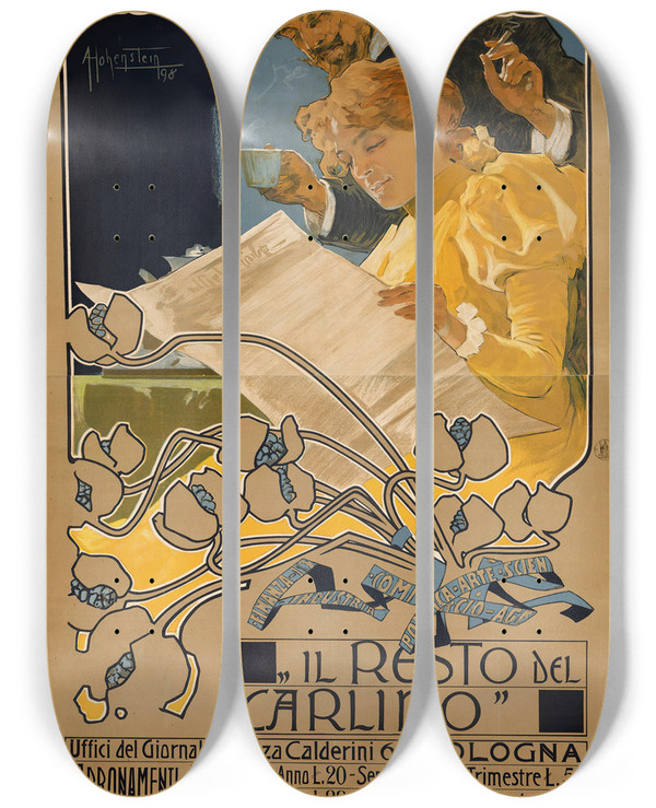 Triptych art skateboard deck of Adolfo Hohenstein Il Resto Del Carlino Bologna by Adolfo Hohenstein (1854-1928)
