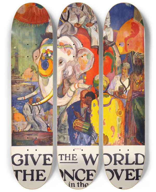 Triptych art skateboard deck of James Henry Daugherty Give The World The Once Over In The United States Navy by James Henry Daugherty (1889-1974)