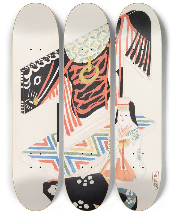 Triptych art skateboard deck of Kawasaki Kyosen Kyosens Collected Illustrations Of Japanese Toys Pl077 by Kawasaki Kyosen (1877-1942)