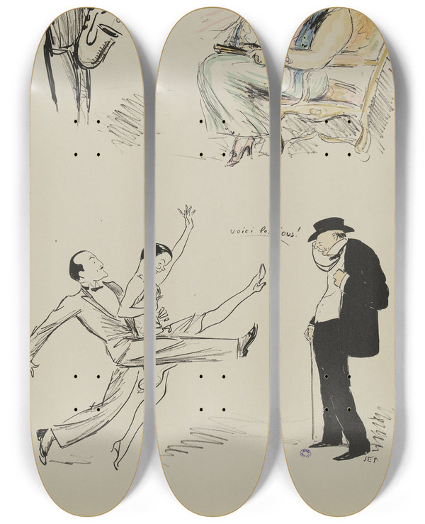 Triptych art skateboard deck of Georges Goursat Sem Charleston Get Out by Georges Goursat (Sem) (1863-1934)