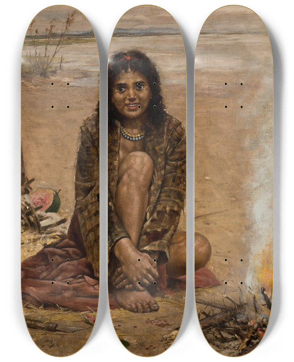 Triptych art skateboard deck of Antoni Kozakiewicz A Gypsy Woman by Antoni Kozakiewicz (1841-1929)