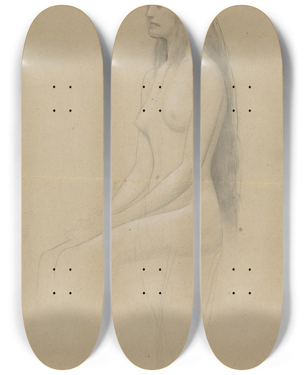 Triptych art skateboard deck of Gustav Klimt Sitzender Weiblicher Akt Mit Langem Offenen Haar Nach Links by Gustav Klimt (1862-1918)