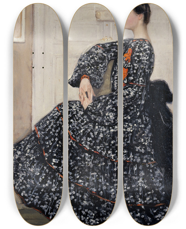 Triptych art skateboard deck of Henry Carodelvaille Portrait De Femme En Robe Mouchete by Henry Caro Delvaille (1876-1926)