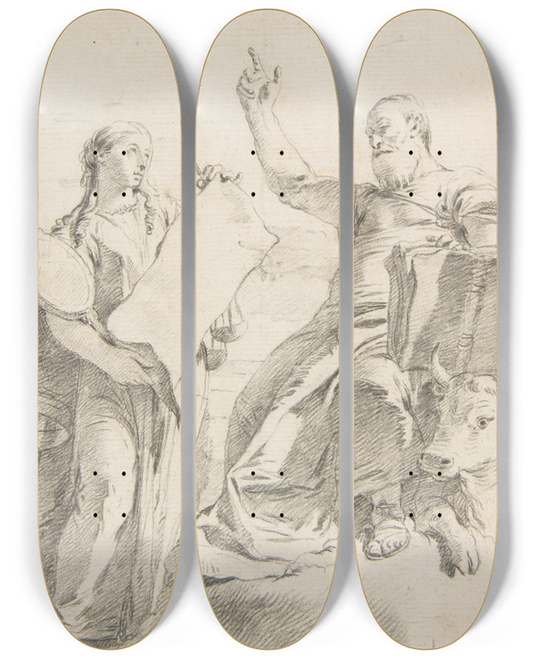 Triptych art skateboard deck of Giovanni Battista Tiepolo Saint Luke With A Female Allegorical Figure by Giovanni Battista Tiepolo (1696-1770)
