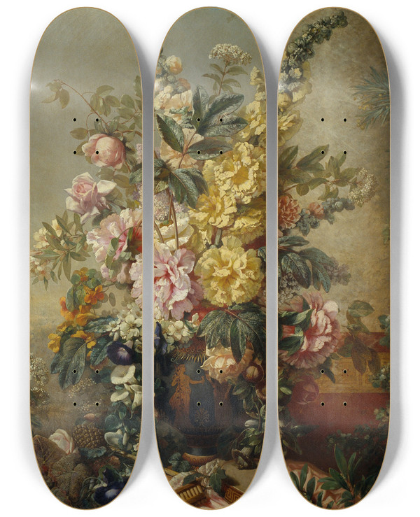 Triptych art skateboard deck of Josep Mirabent Large Vase With Flowers by Josep Mirabent (1831-1899)