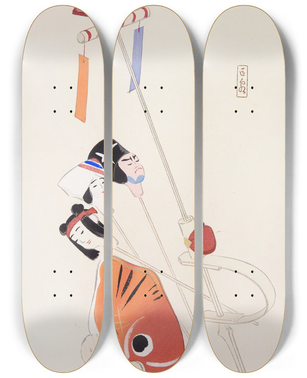 Triptych art skateboard deck of Kawasaki Kyosen Kyosens Collected Illustrations Of Japanese Toys Pl088 by Kawasaki Kyosen (1877-1942)