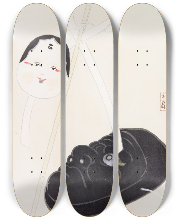 Triptych art skateboard deck of Kawasaki Kyosen Kyosens Collected Illustrations Of Japanese Toys Pl074 by Kawasaki Kyosen (1877-1942)