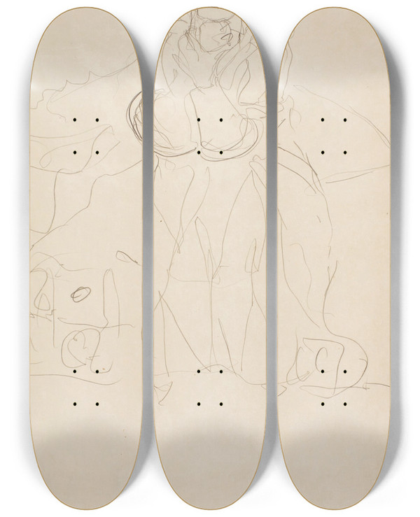 Triptych art skateboard deck of Gustav Klimt Sitzend Von Vorne Mit Aufgesttztem Kinn Seated Figure Headon Supporting Her Chin by Gustav Klimt (1862-1918)
