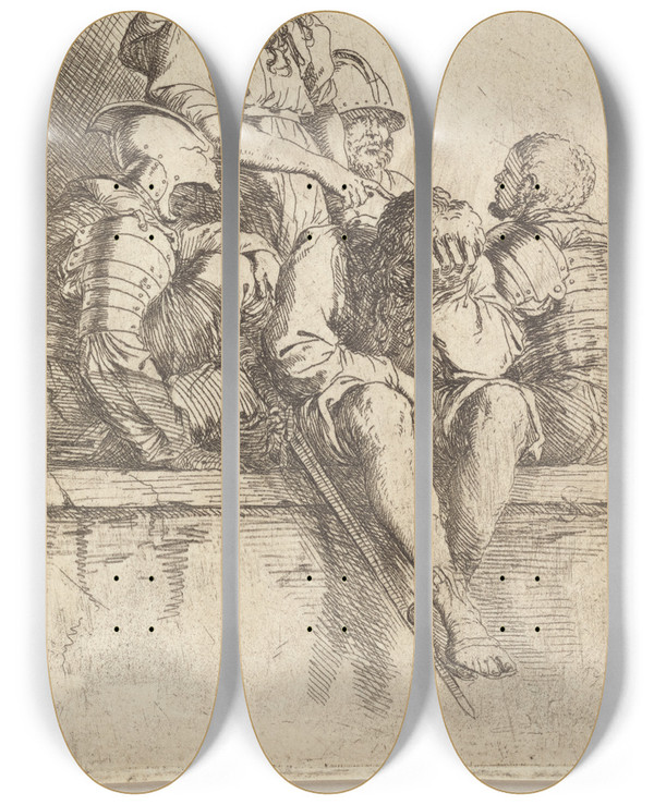 Triptych art skateboard deck of Salvator Rosa Five Soldiers by Salvator Rosa (1615-1673)