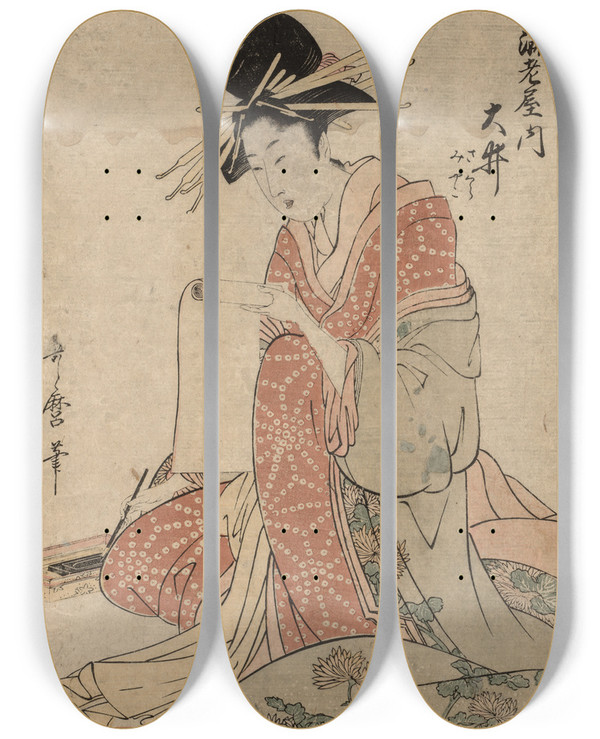 Triptych art skateboard deck of Kitagawa Utamaro Woman Of The Yoshiwara Reading Scroll by Kitagawa Utamaro (1753-1806)