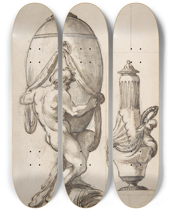 Triptych art skateboard deck of Ennemond Alexandre Petitot Two Designs For Vases by Ennemond Alexandre Petitot (1727-1801)