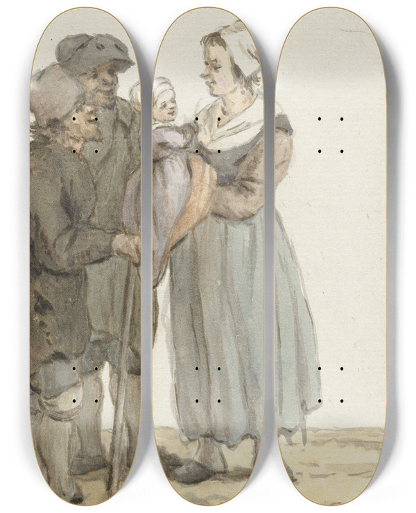 Triptych art skateboard deck of Christina Chalon Vrouw Met Kind Bij Twee Mannen by Christina Chalon (1748-1808)