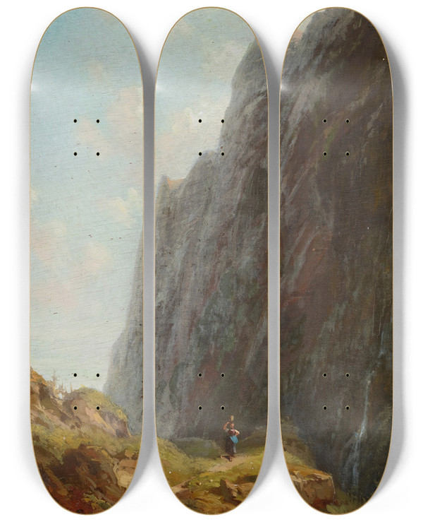 Triptych art skateboard deck of Carl Spitzweg Mountain And Milkmaid Along A Winding Stone Path by Carl Spitzweg (1808-1880)