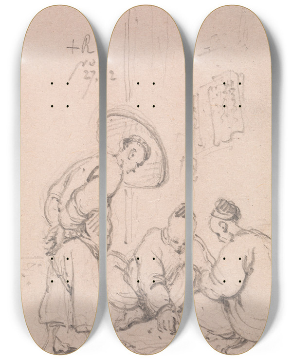 Triptych art skateboard deck of George Chinnery Gamblers Playing Dice by George Chinnery (1774-1852)