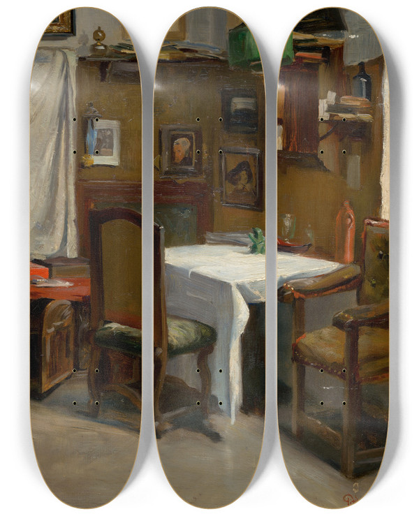 Triptych art skateboard deck of Udovt Pitthordt Study Of A Munich Atelier by udovt Pitthordt (1860-1946)