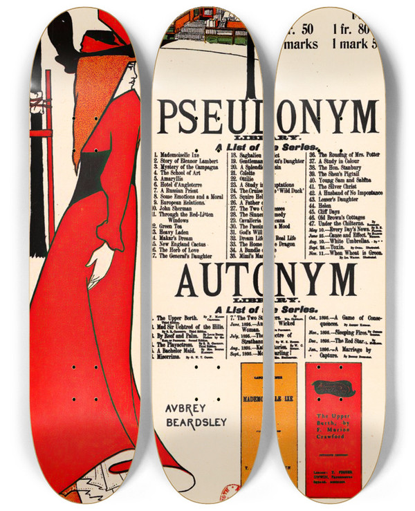 Triptych art skateboard deck of Aubrey Vincent Beardsley Pseudonym Library Autonym Library by Aubrey Vincent Beardsley (1872-1898)