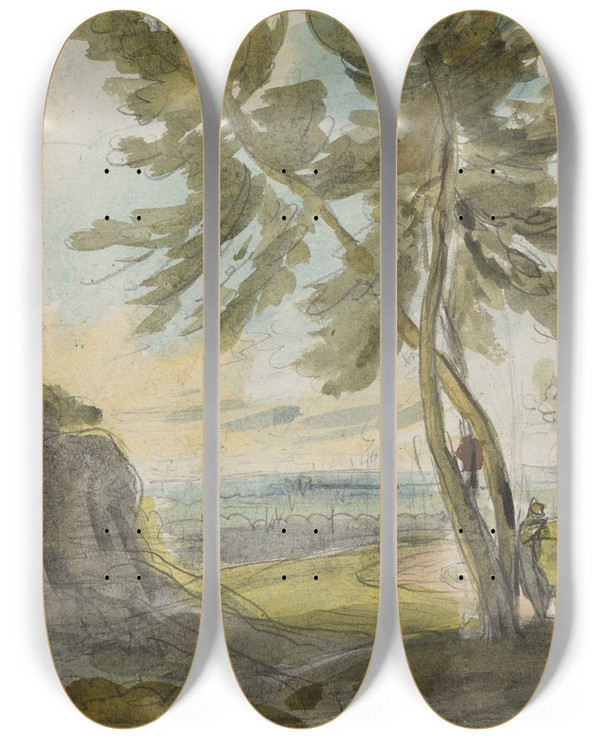 Triptych art skateboard deck of Jakob Christoph Miville Baumpaar Mit Staffagefigur by Jakob Christoph Miville (1786-1836)