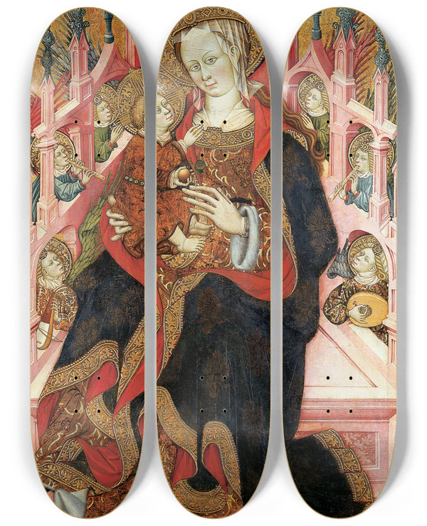 Triptych art skateboard deck of Burnham Master Virgin And Child Enthroned With Angels Making Music by Burnham Master