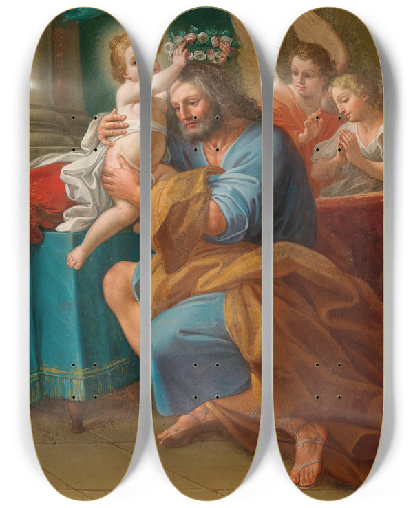 Triptych art skateboard deck of Mattia De Mare The Christ Child Crowning Saint Joseph With Angels Behind by Mattia de Mare (1712-1713)